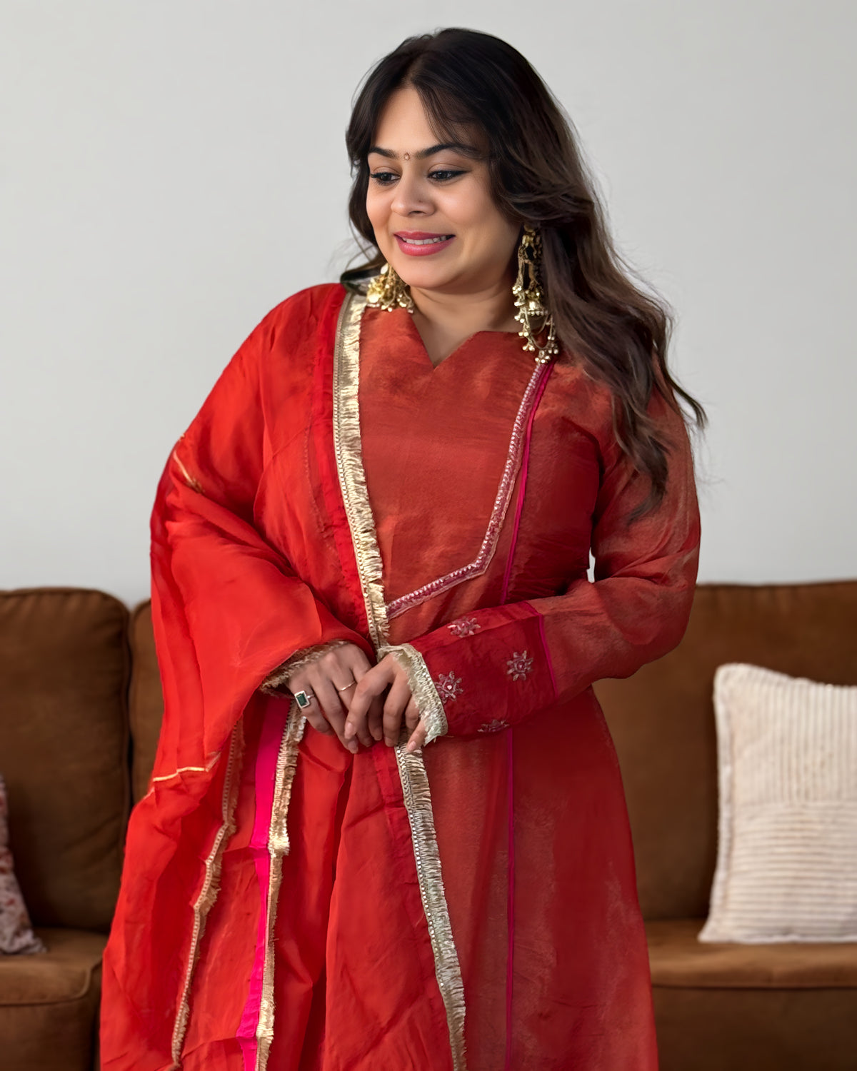 Orange Soft Tissue Embroidered Suit Set