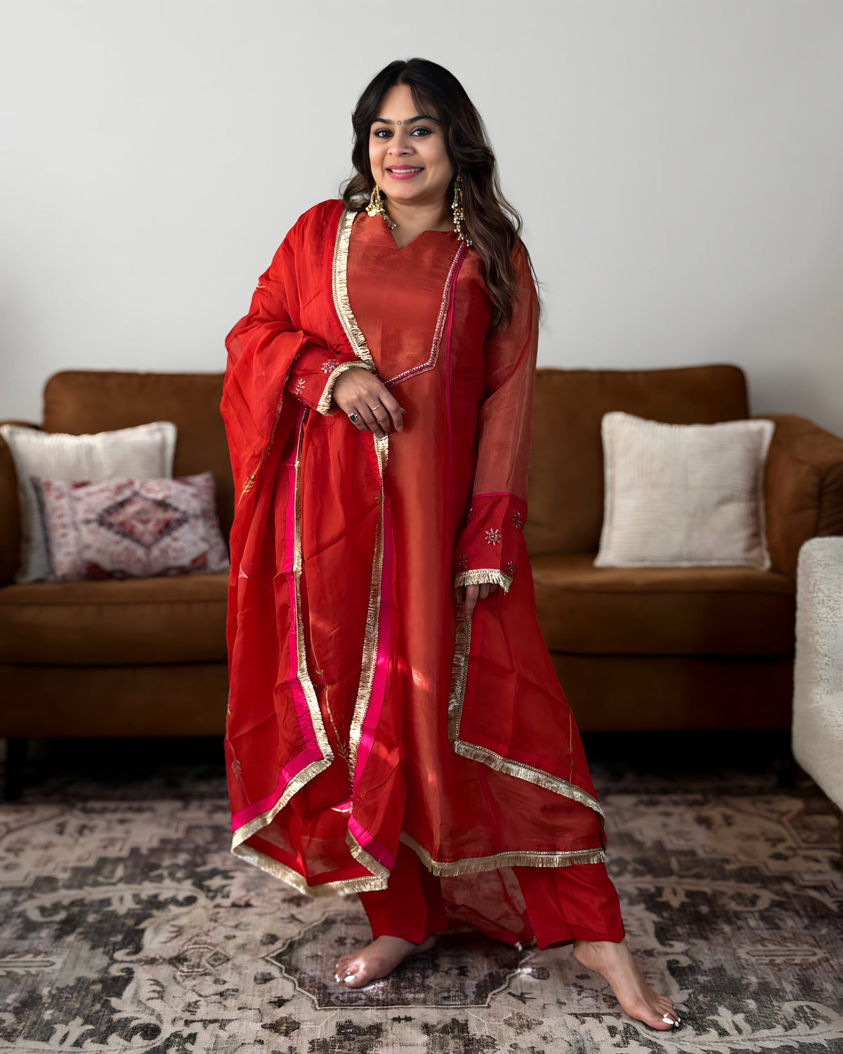 Orange Soft Tissue Embroidered Suit Set