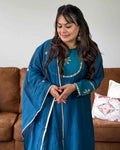 Peacock Blue Contrast Mul Chanderi Embroidered Suit Set