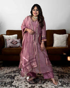 Pink Glass Tissue Embroidered Suit Set with Pocket