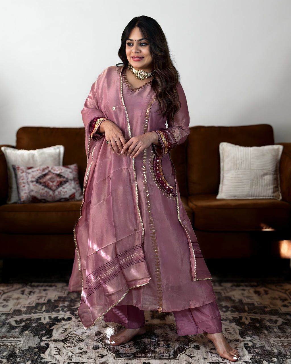 Pink Glass Tissue Embroidered Suit Set with Pocket