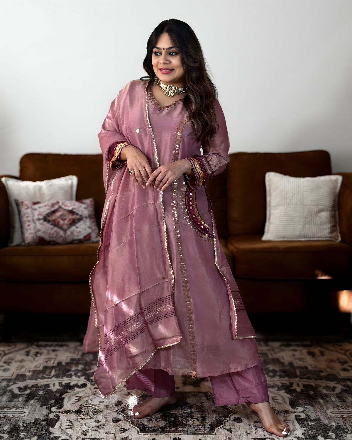 Pink Glass Tissue Embroidered Suit Set with Pocket