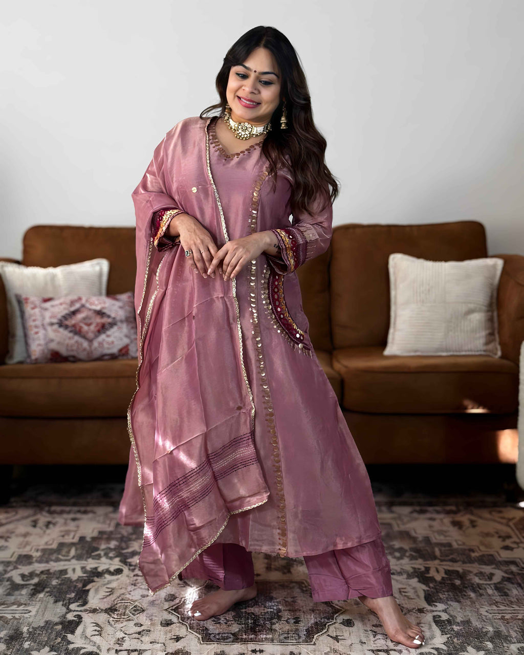 Pink Glass Tissue Embroidered Suit Set with Pocket
