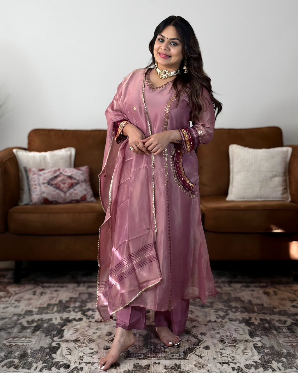 Pink Glass Tissue Embroidered Suit Set with Pocket