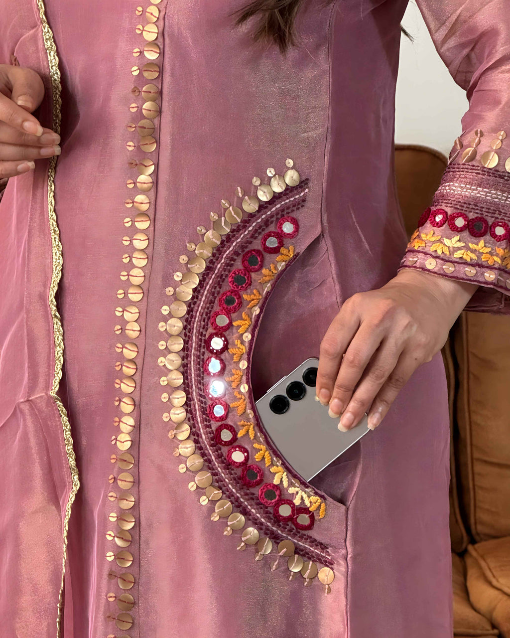 Pink Glass Tissue Embroidered Suit Set with Pocket
