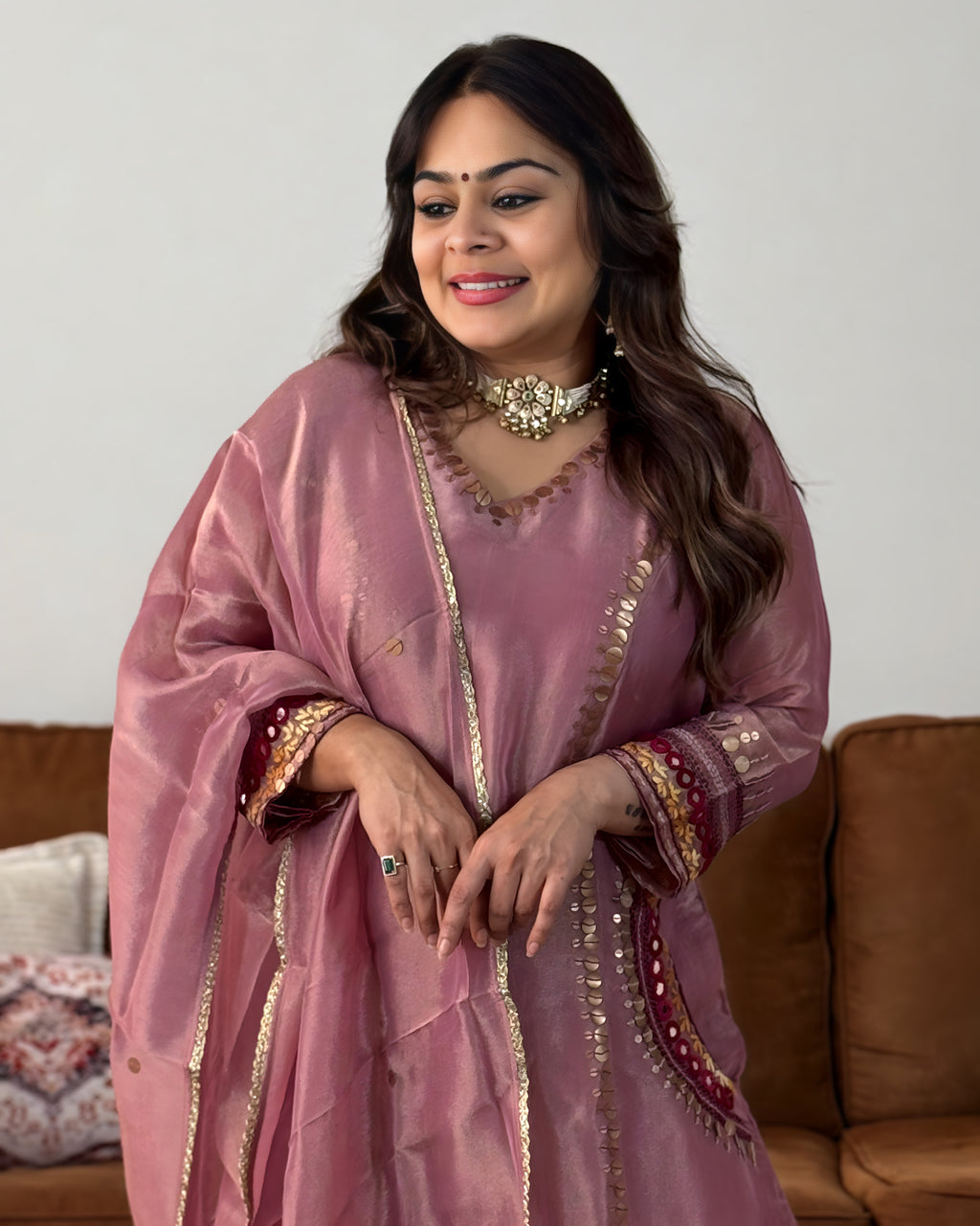 Pink Glass Tissue Embroidered Suit Set with Pocket