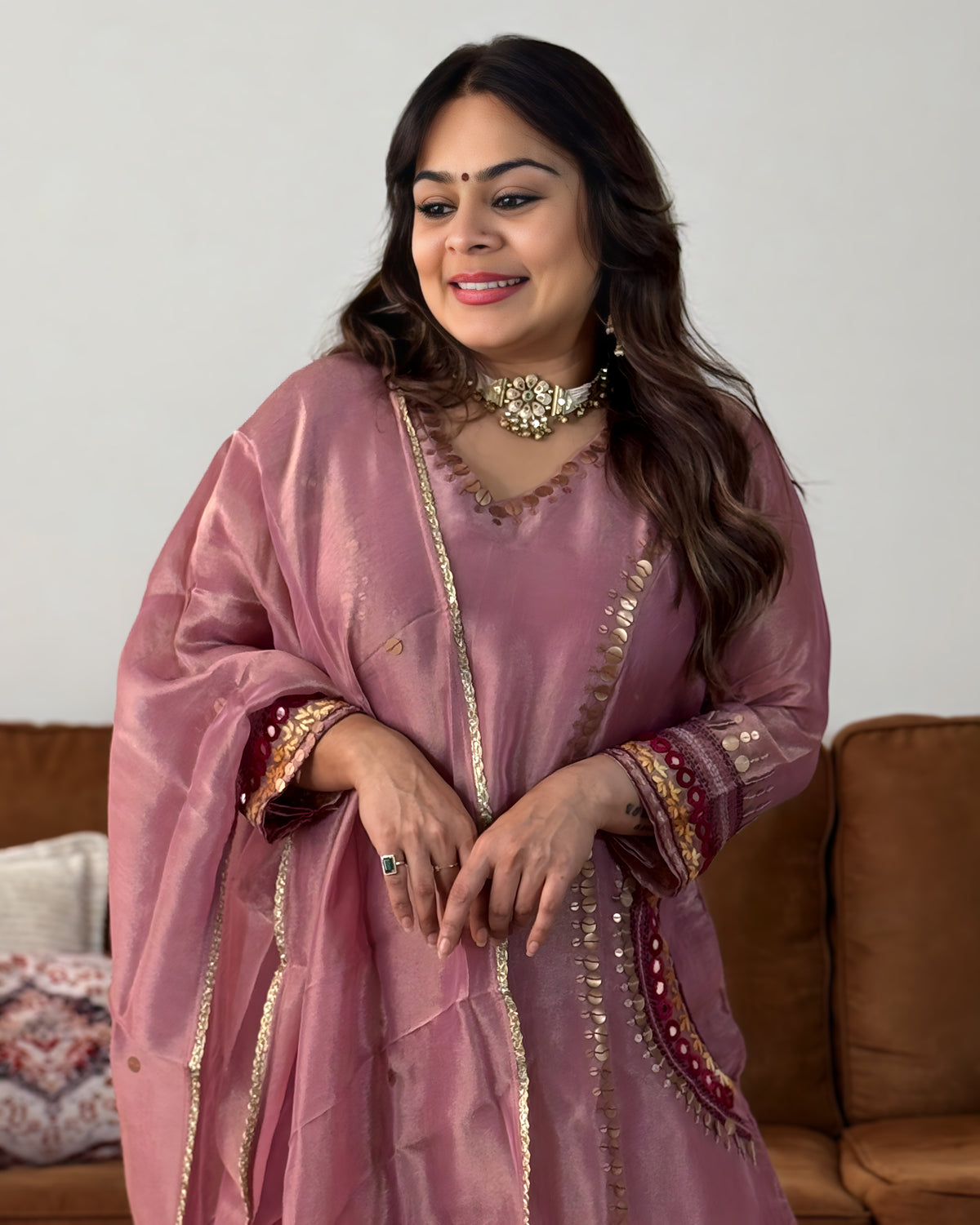 Pink Glass Tissue Embroidered Suit Set with Pocket