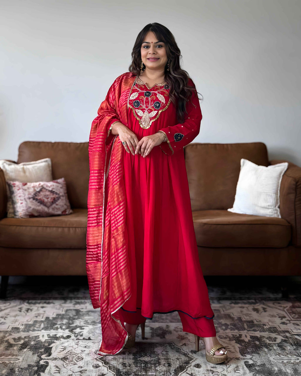 Red Dola Silk Embroidered Anarkali Suit Set