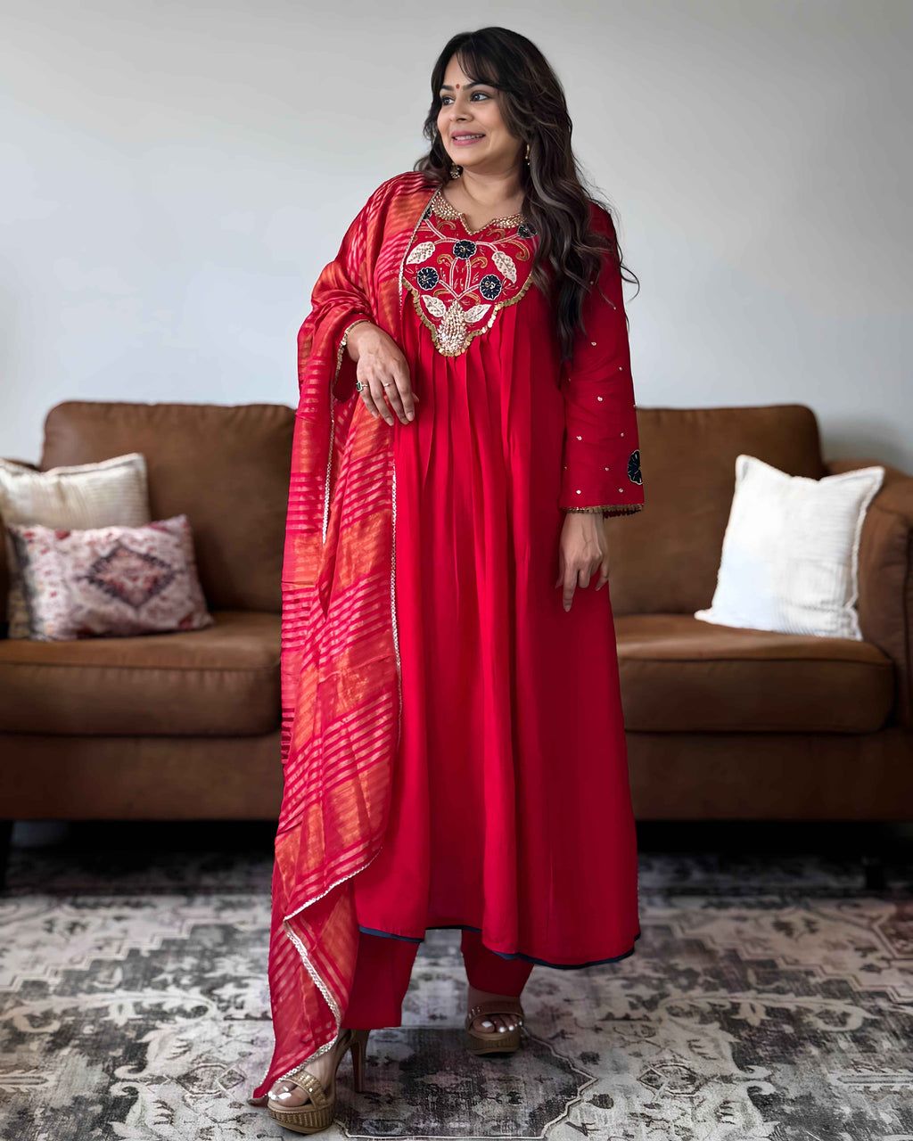 Red Dola Silk Embroidered Anarkali Suit Set