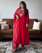 Red Dola Silk Embroidered Anarkali Suit Set