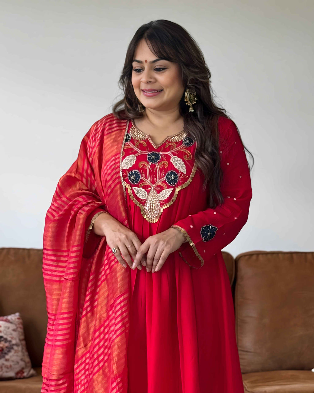 Red Dola Silk Embroidered Anarkali Suit Set