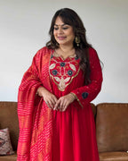 Red Dola Silk Embroidered Anarkali Suit Set