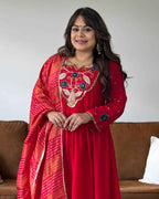 Red Dola Silk Embroidered Anarkali Suit Set