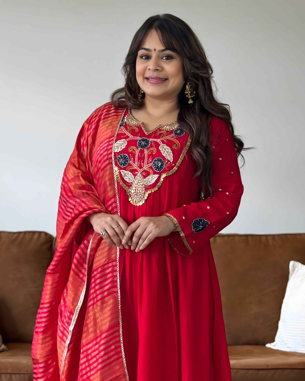 Red Dola Silk Embroidered Anarkali Suit Set