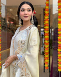 Model wearing premium ivory glass tissue suit with leather appliqué floral embroidery – Go Desi Canada