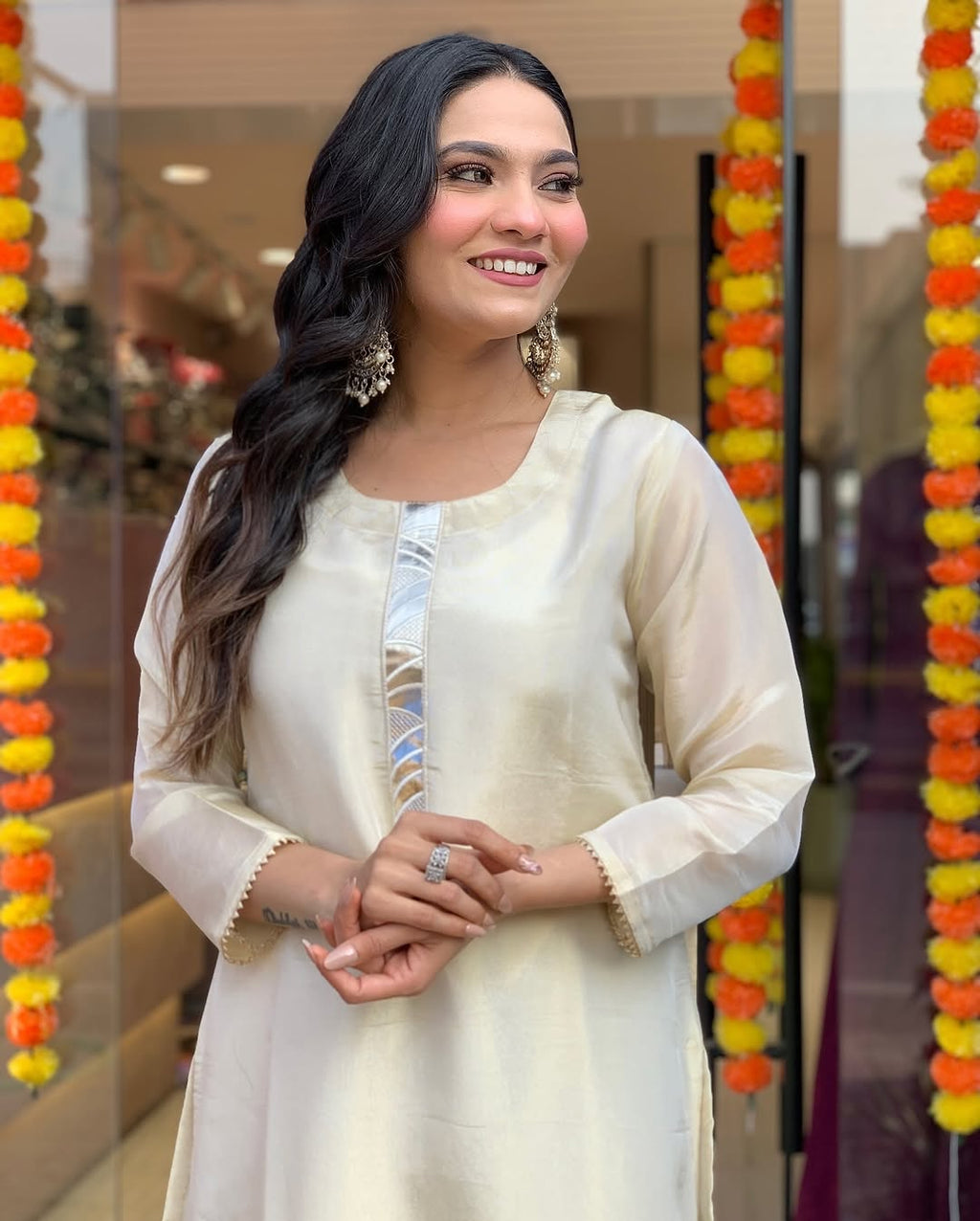 Model wearing premium ivory glass tissue suit with leather appliqué floral embroidery – Go Desi Canada