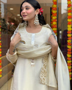 Model wearing premium ivory glass tissue suit with leather appliqué floral embroidery – Go Desi Canada