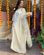 Model wearing premium ivory glass tissue suit with leather appliqué floral embroidery – Go Desi Canada