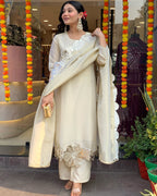 Model wearing premium ivory glass tissue suit with leather appliqué floral embroidery – Go Desi Canada