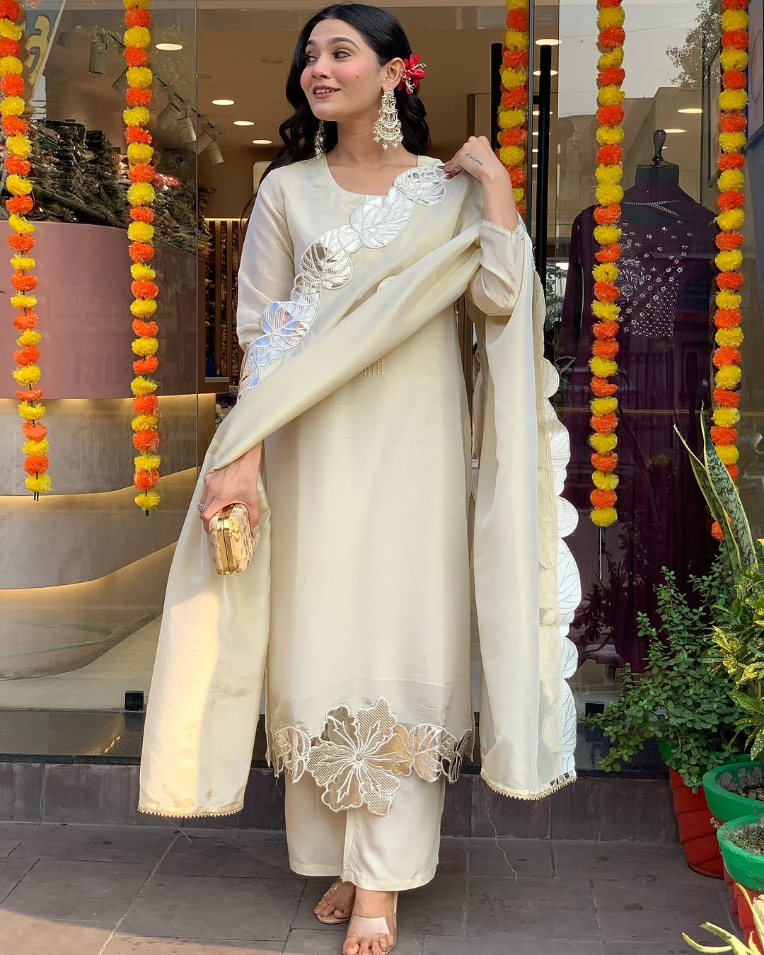 Model wearing premium ivory glass tissue suit with leather appliqué floral embroidery – Go Desi Canada