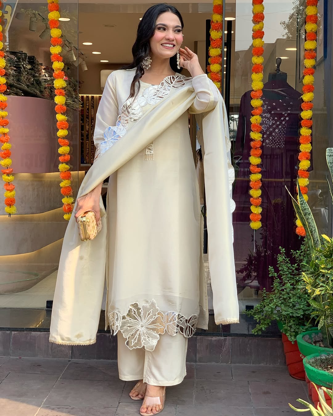 Model wearing premium ivory glass tissue suit with leather appliqué floral embroidery – Go Desi Canada