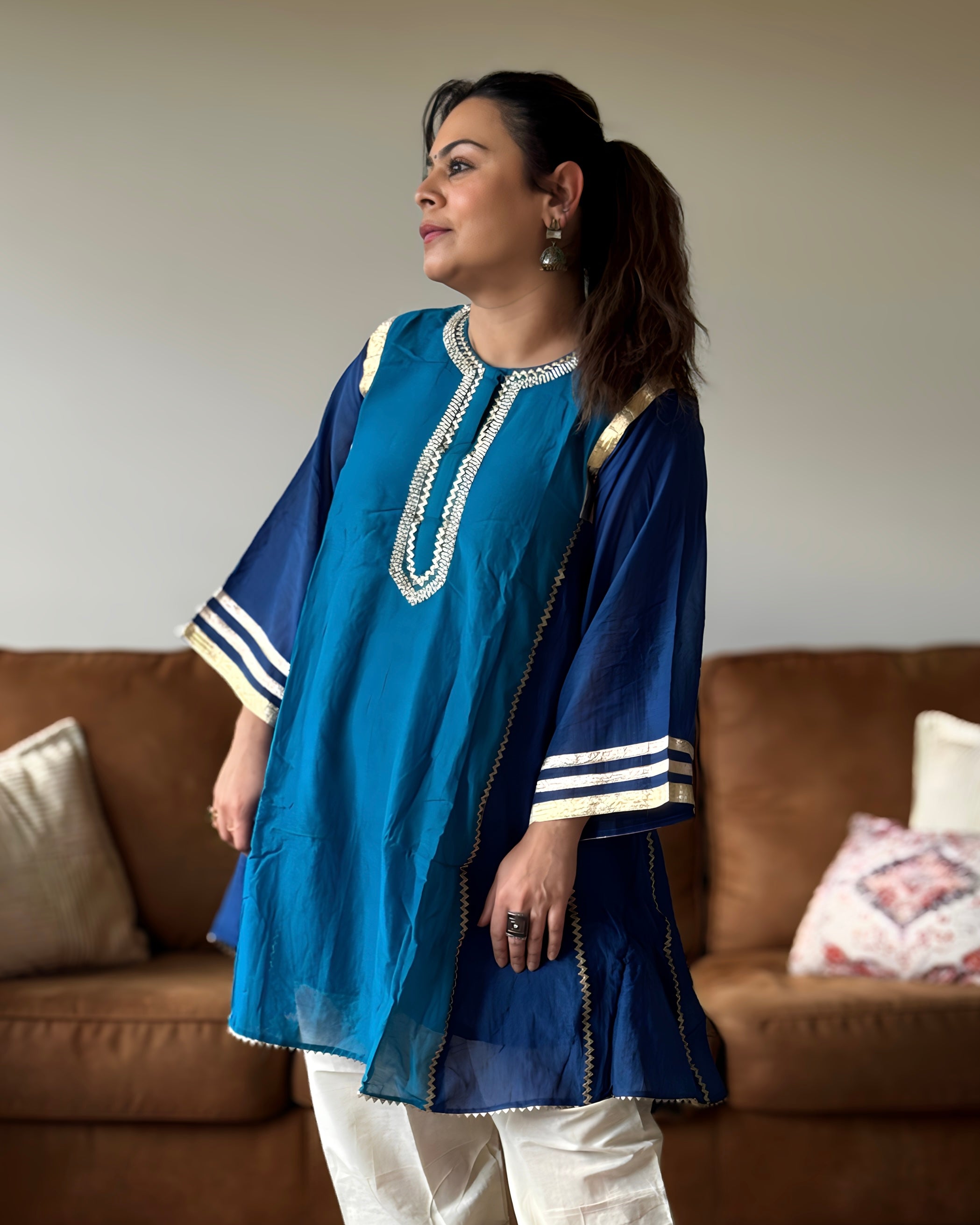 White & Blue Kareena Mul Chanderi Kurta Set for Women