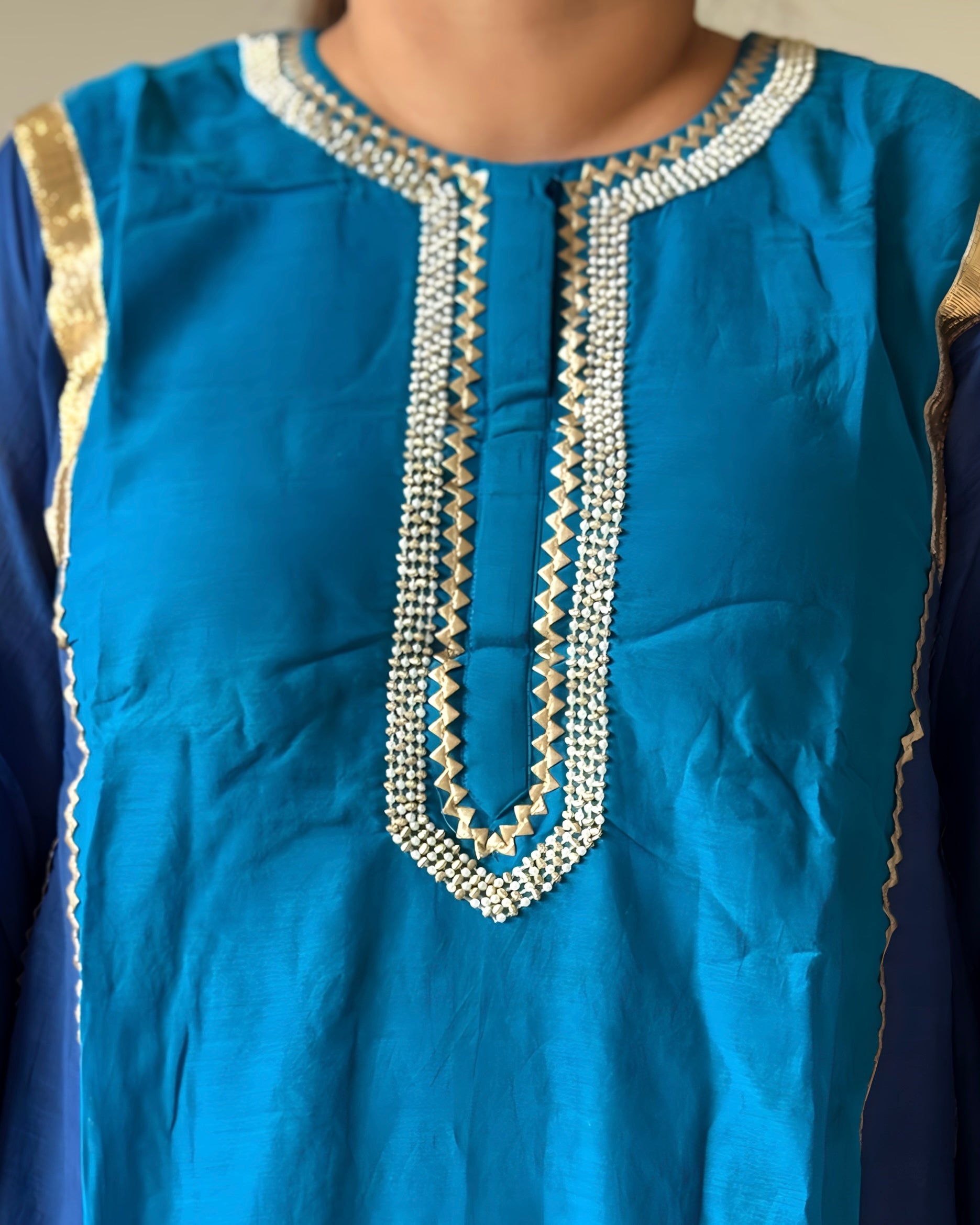 White & Blue Kareena Mul Chanderi Kurta Set for Women