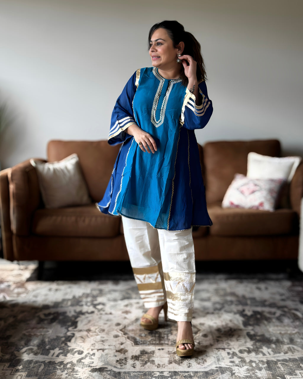White & Blue Kareena Mul Chanderi Kurta Set for Women