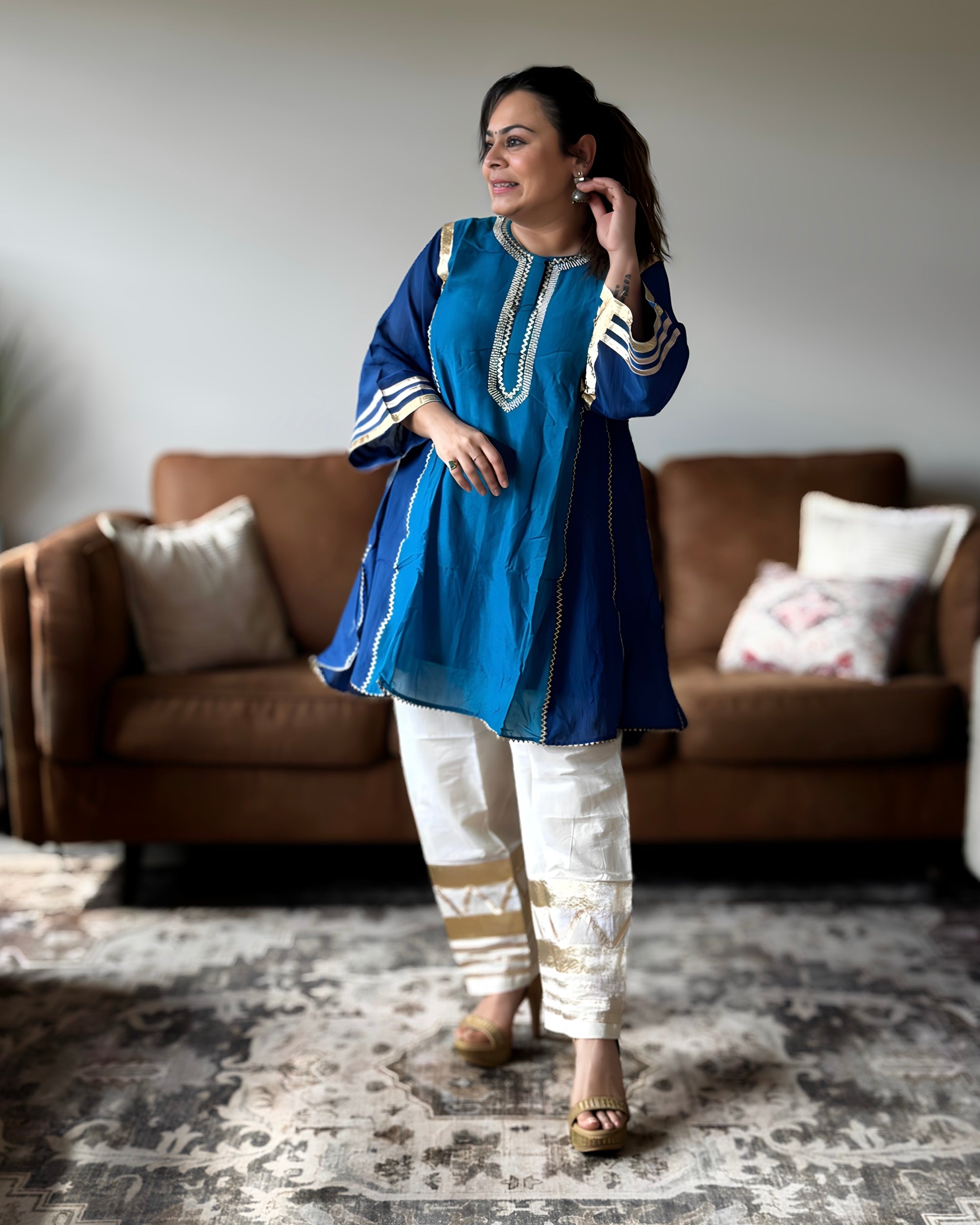White & Blue Kareena Mul Chanderi Kurta Set for Women