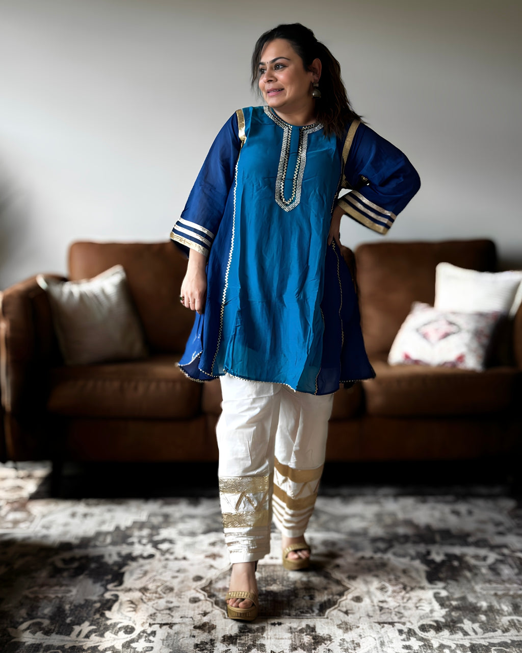 White & Blue Kareena Mul Chanderi Kurta Set for Women