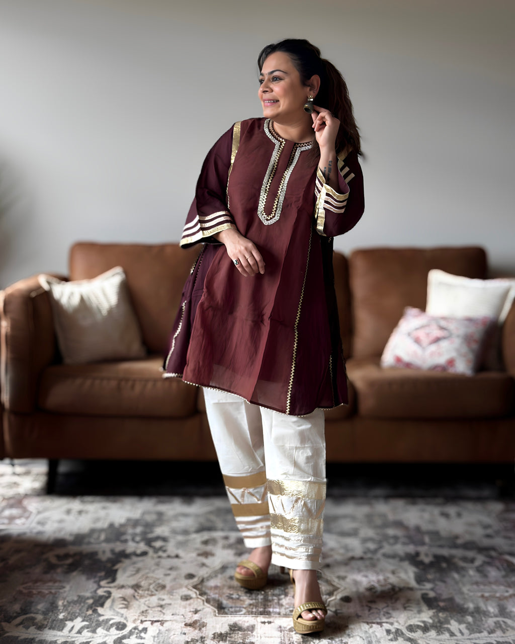 White & Brown Kareena Mul Chanderi Kurta Set for Women