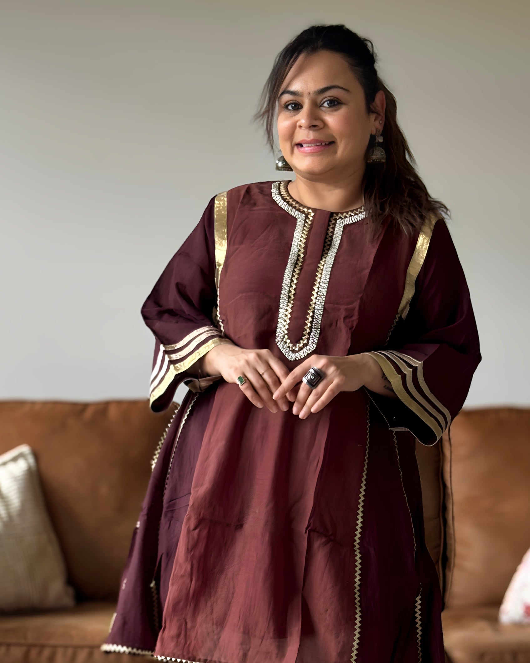 White & Brown Kareena Mul Chanderi Kurta Set for Women