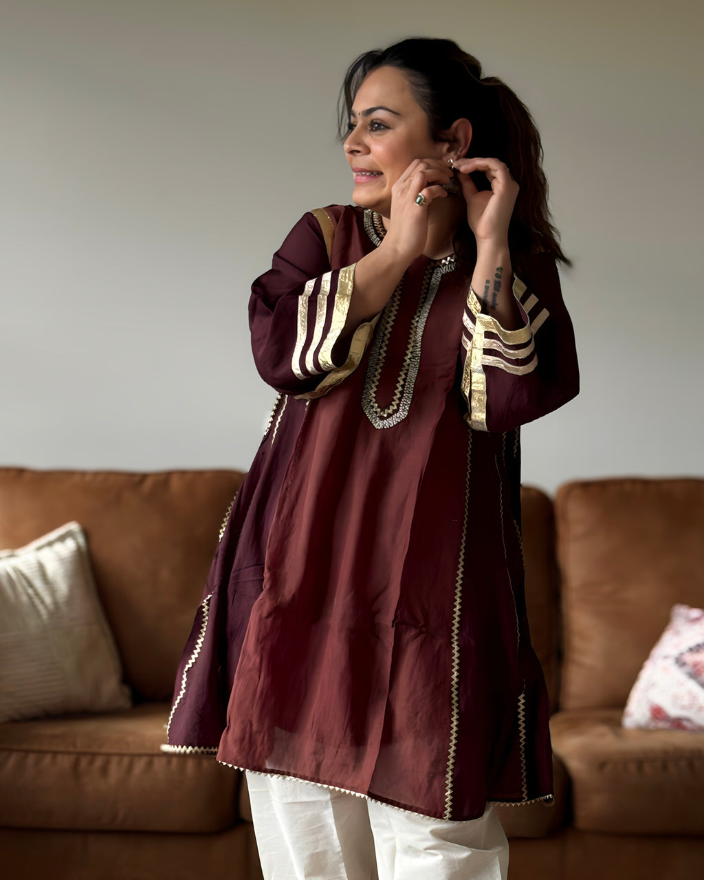 White & Brown Kareena Mul Chanderi Kurta Set for Women