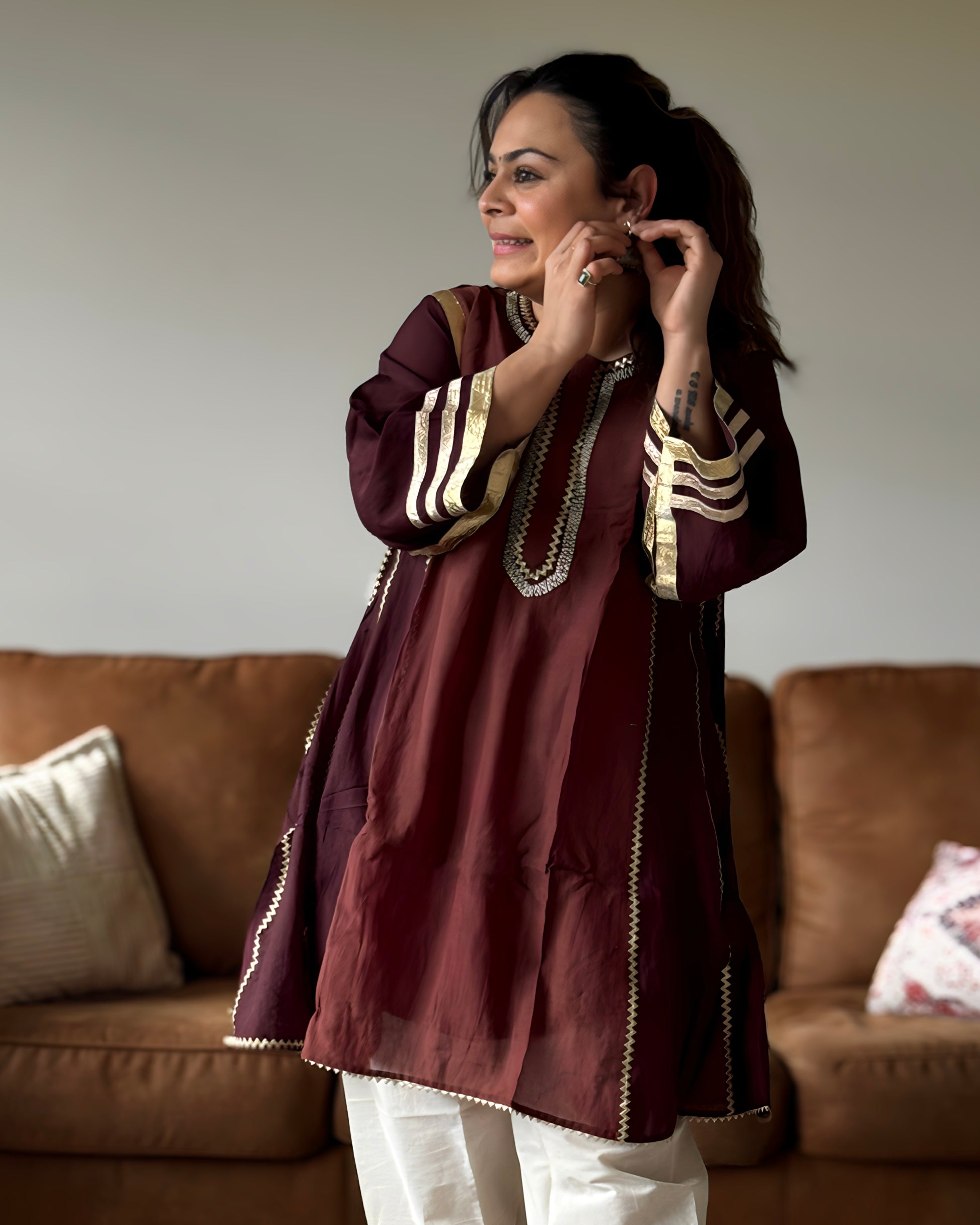 White & Brown Kareena Mul Chanderi Kurta Set for Women