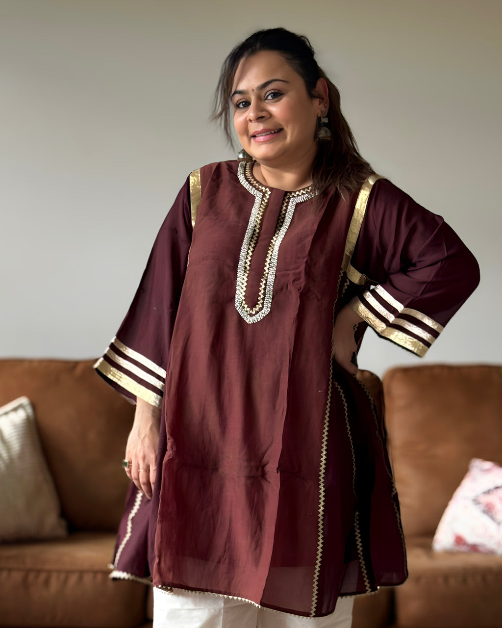 White & Brown Kareena Mul Chanderi Kurta Set for Women