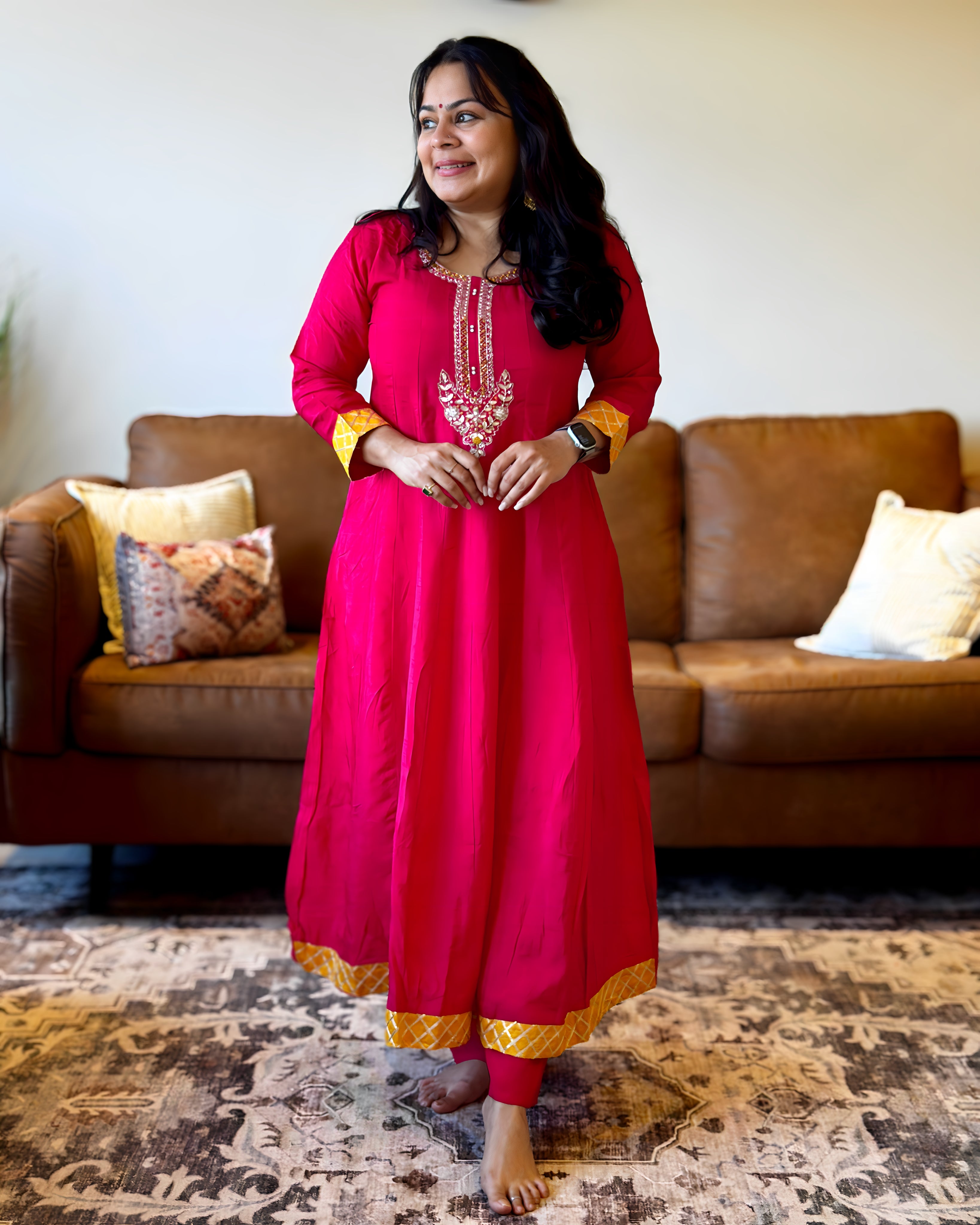 Dhwani wearing Pink & Yellow Bandhani Dupatta dress available in Canada and USA