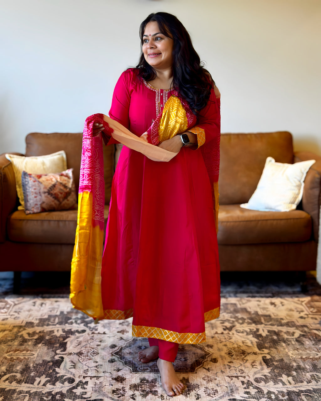 Dhwani wearing Pink & Yellow Bandhani Dupatta dress available in USA and Canada