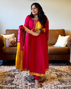 Dhwani wearing Pink & Yellow Bandhani Dupatta dress available in USA and Canada