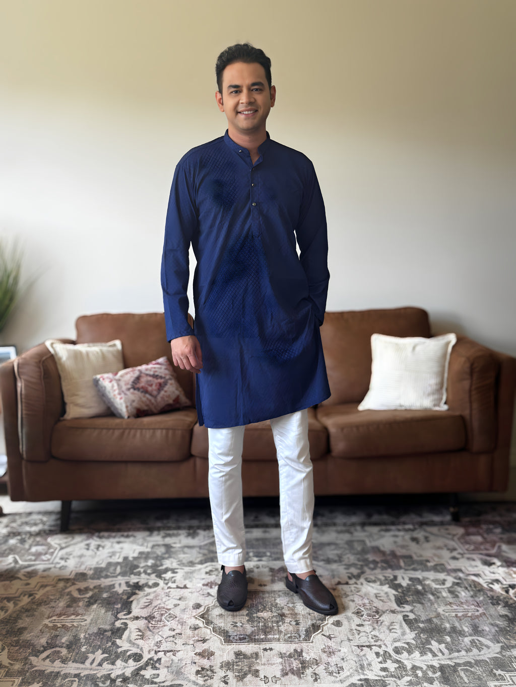Navy Blue Self Print Men Kurta 