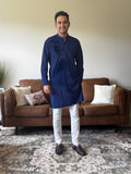 Navy Blue Self Print Men Kurta 
