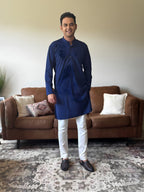 Navy Blue Self Print Men Kurta 