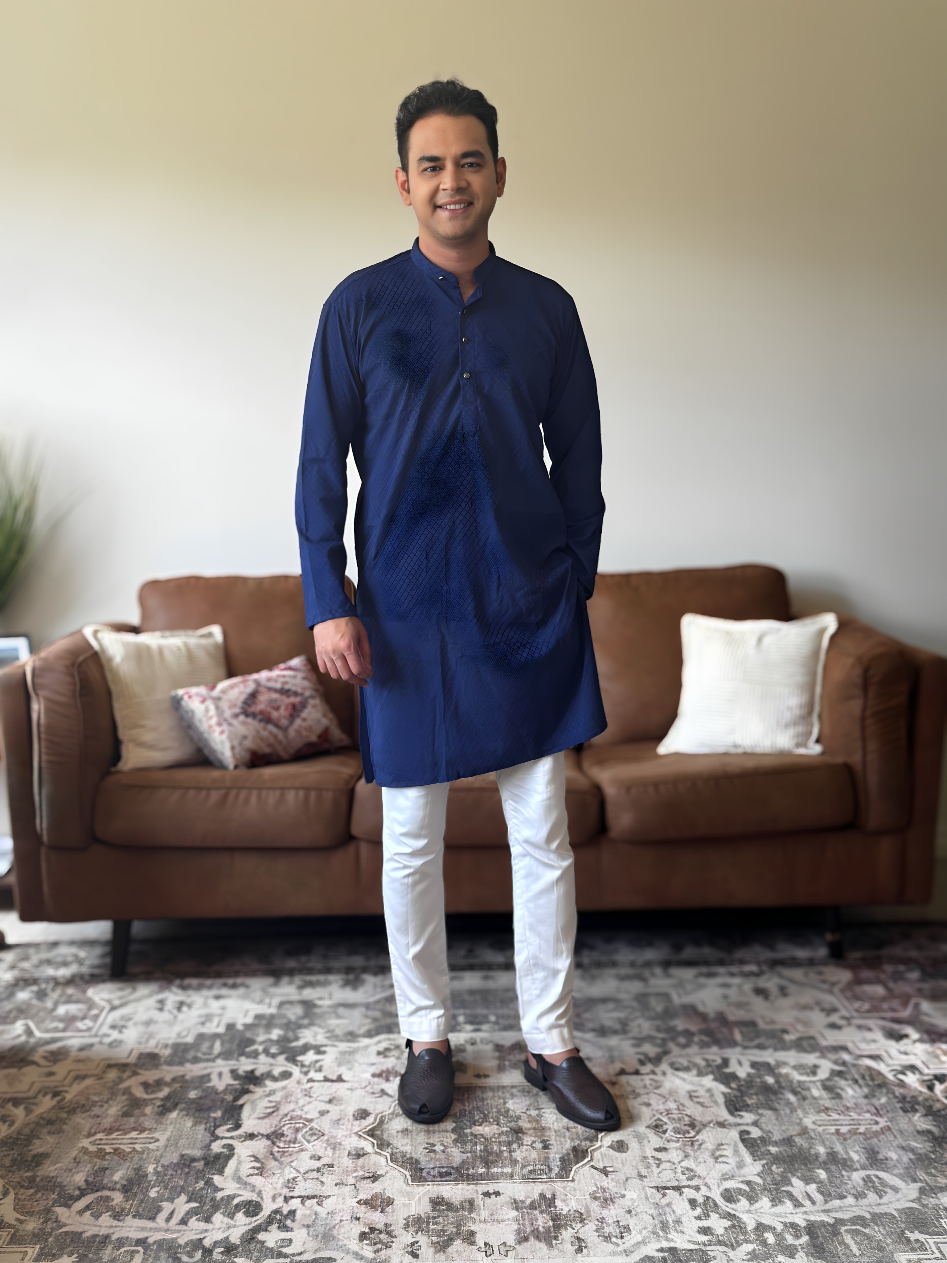 Navy Blue Self Print Men Kurta 