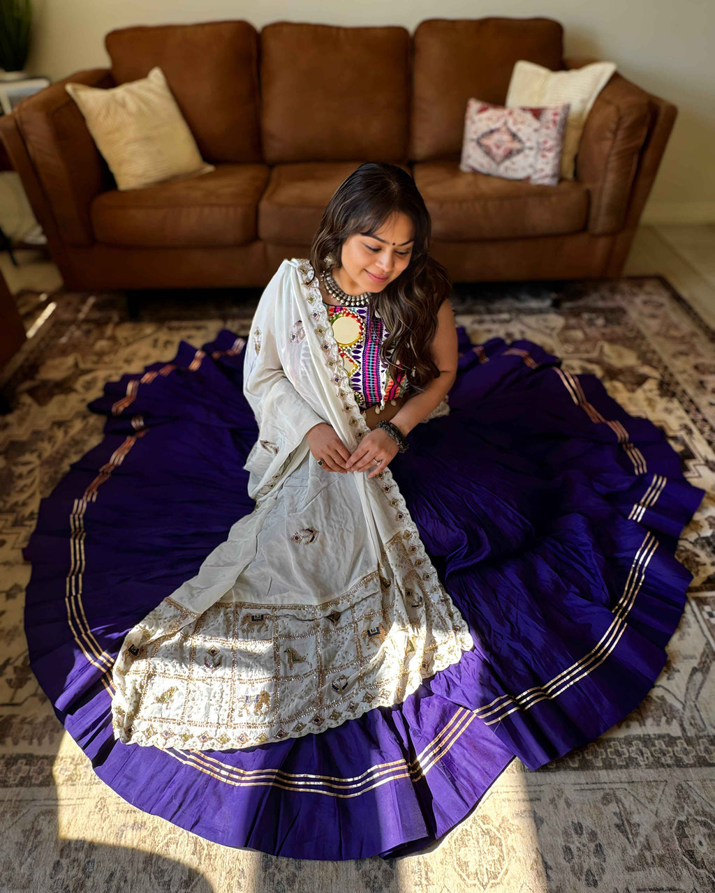 Purple & White Chaniya Choli with Multicolor Blouse – 18 Metre Gher