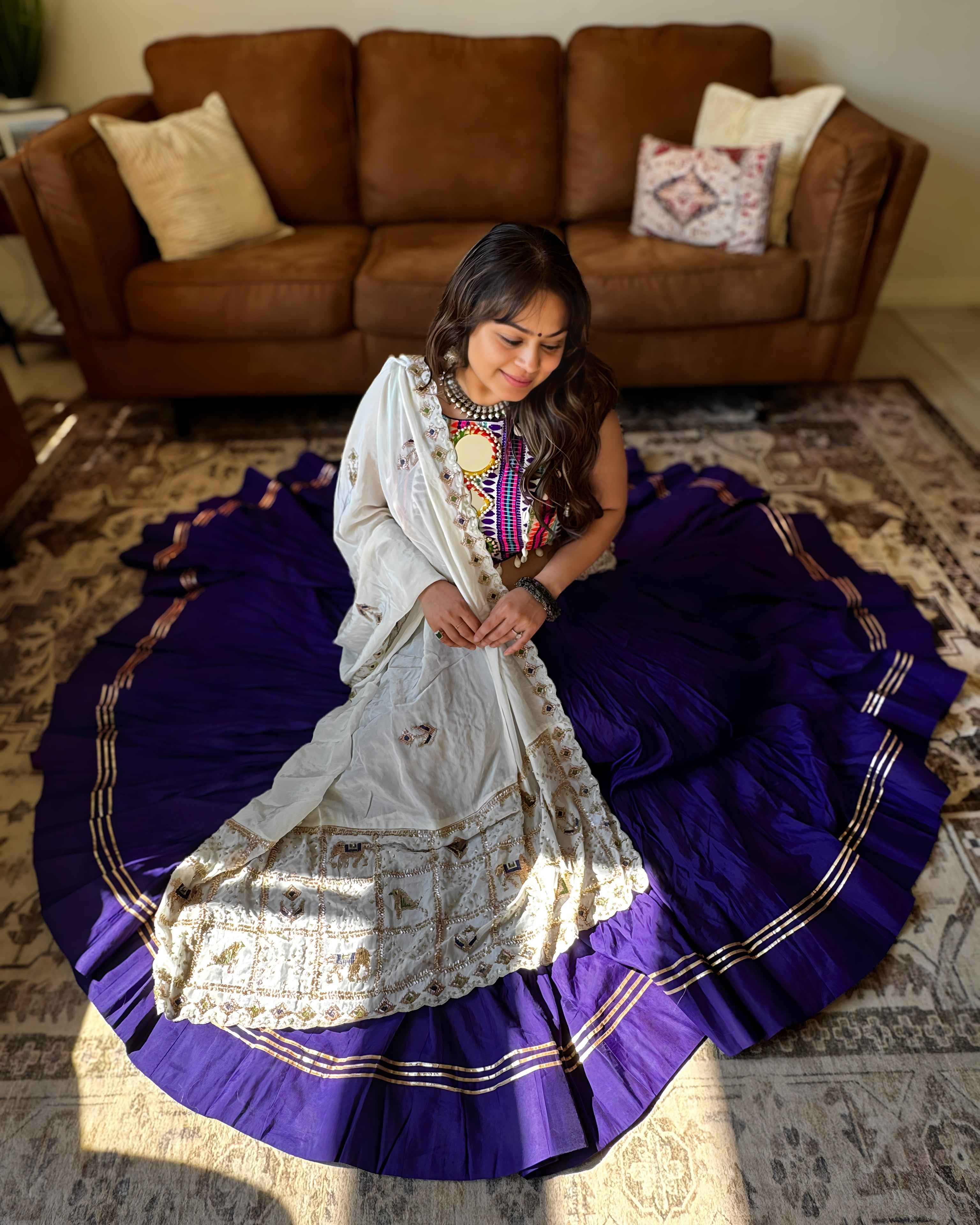 Purple & White Chaniya Choli with Multicolor Blouse – 18 Metre Gher