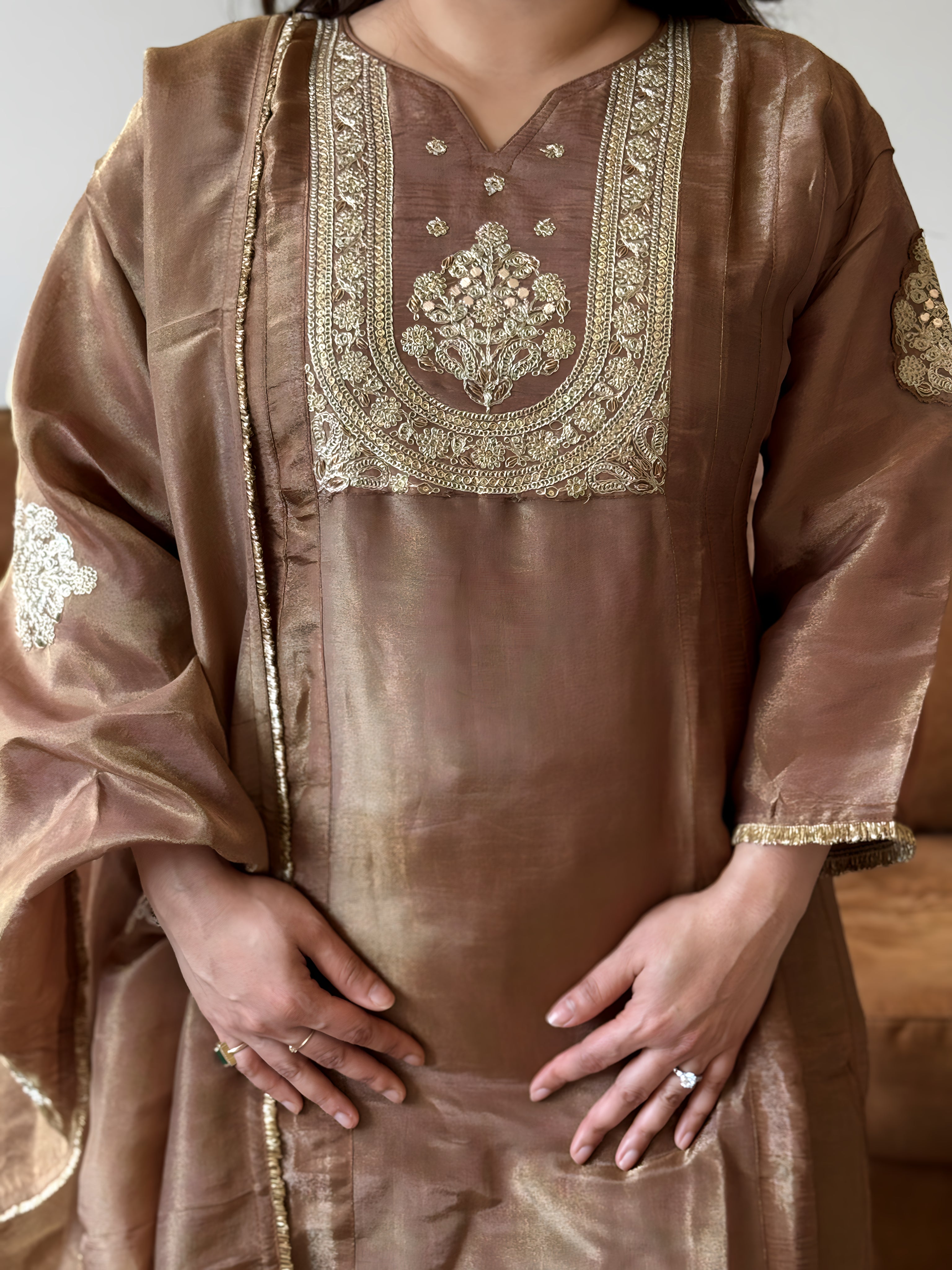 Copper Shimmer Glass Tissue Kurta Set for Women