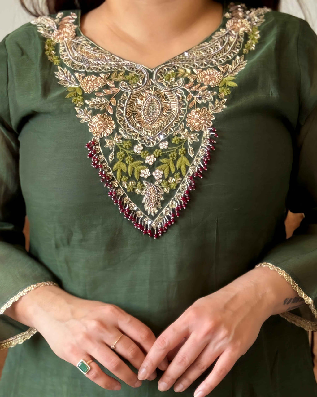 Green Mul Chanderi Kurta Set for Women