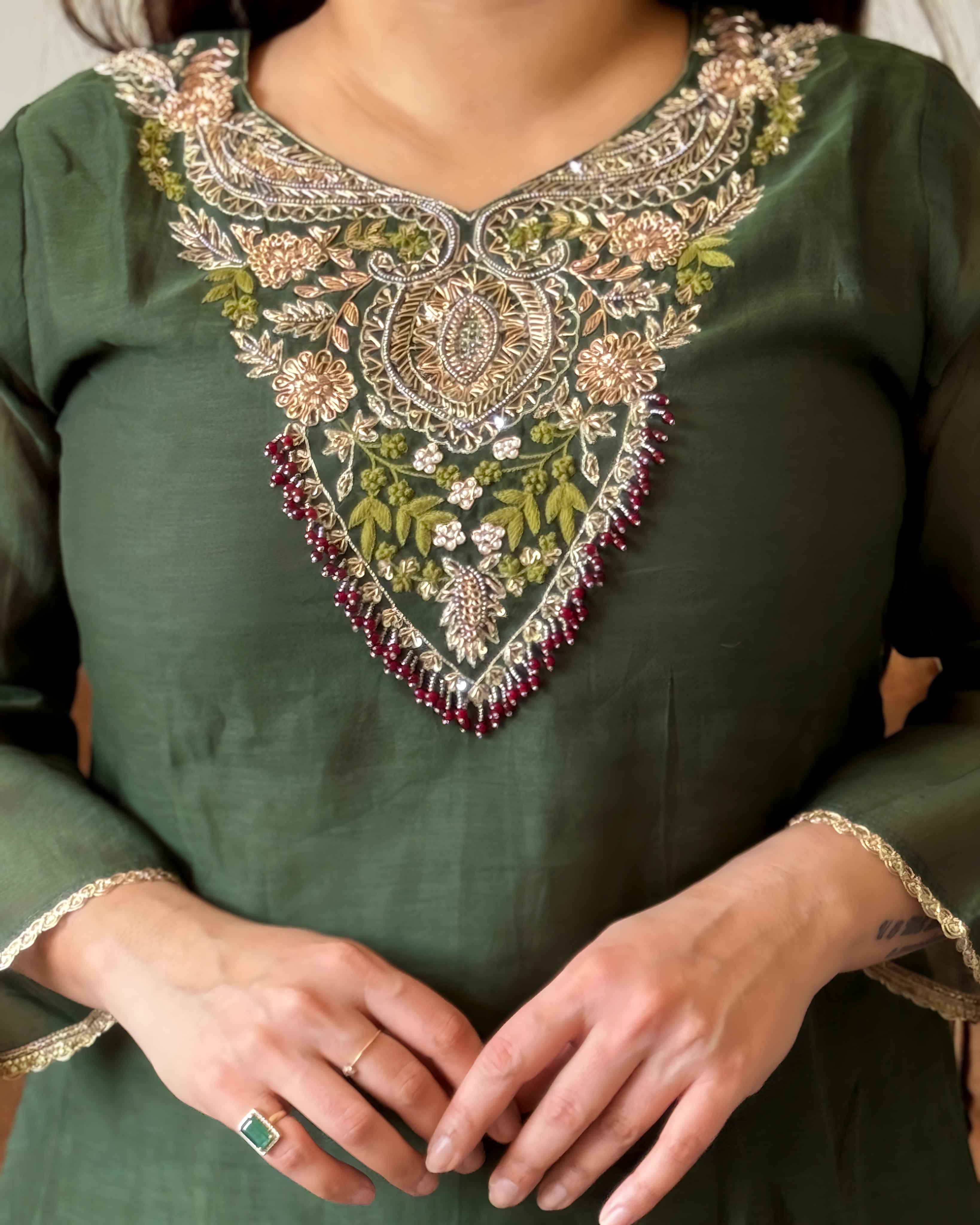 Green Mul Chanderi Kurta Set for Women