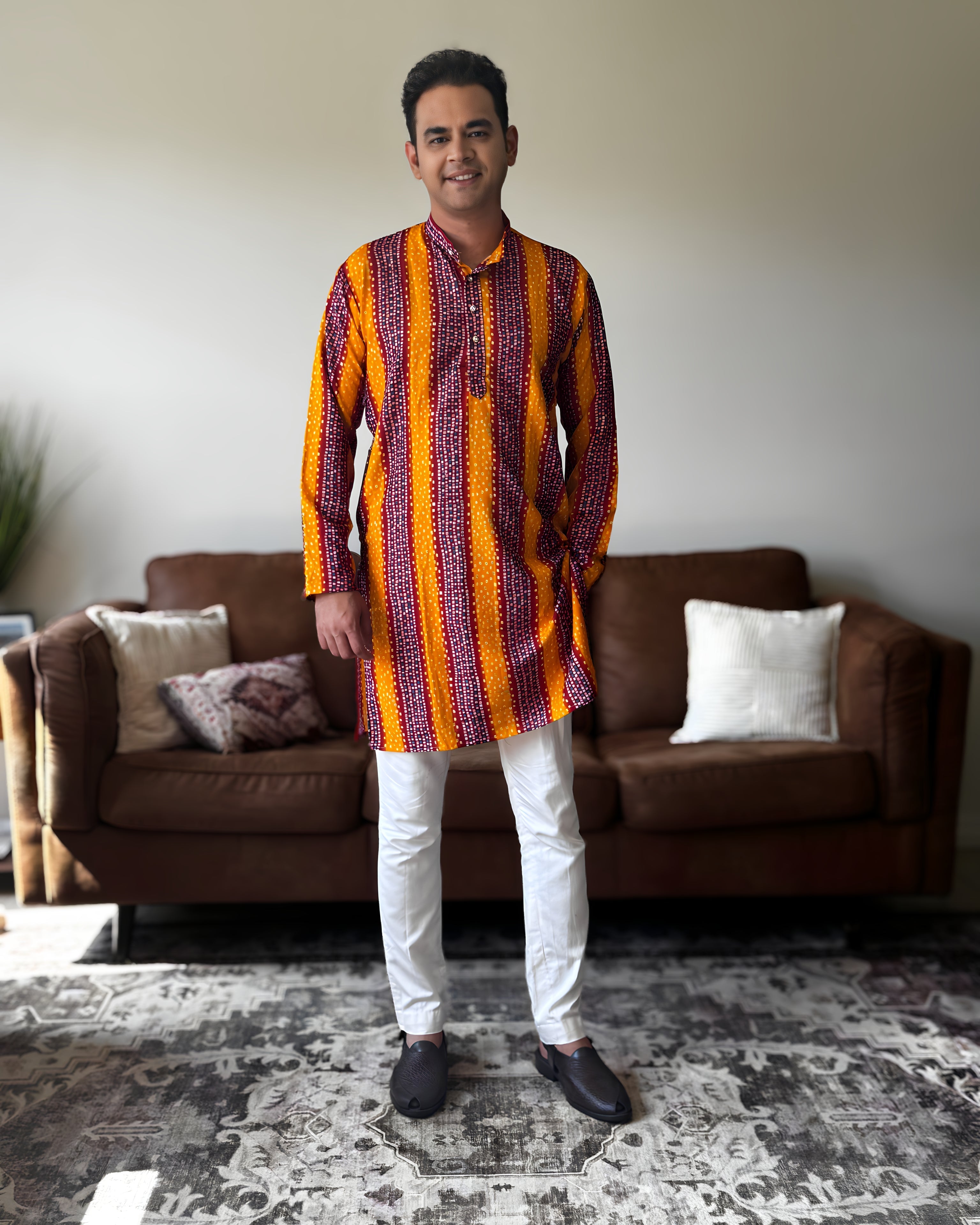 Orange Red Bandhani Men Kurta