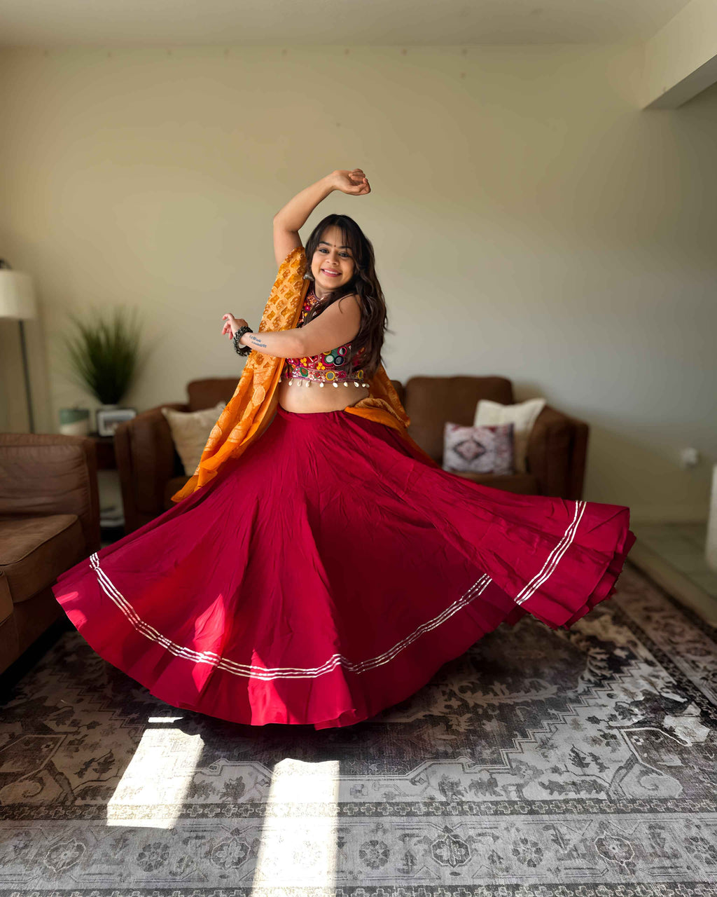 Red Multicolor Chaniya Choli with Authentic Orange Bandhani Dupatta – 18 Metre Gher