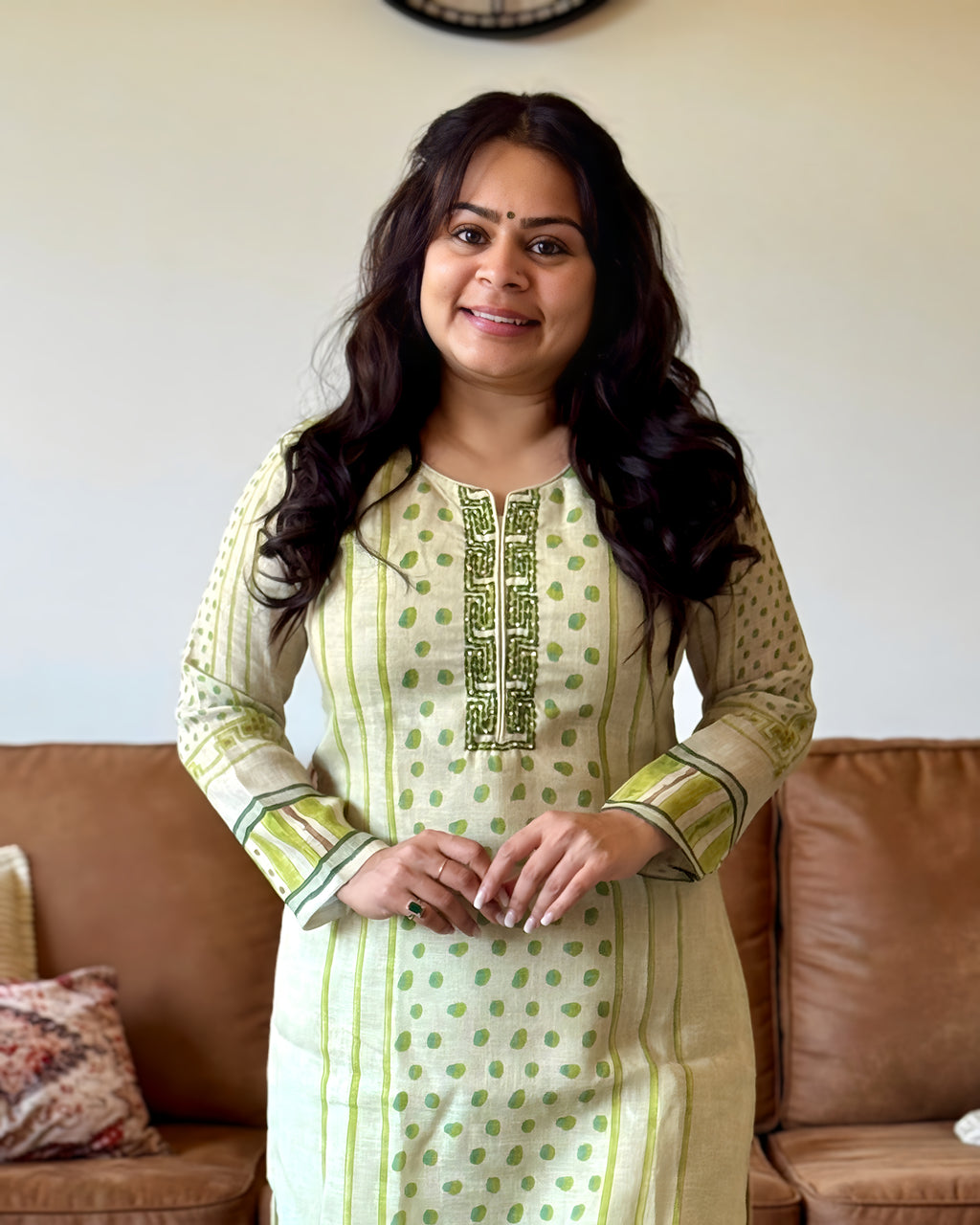 Dhwani wearing premium cotton green printed suit with embroidered neckline and matching dupatta – Go Desi Canada